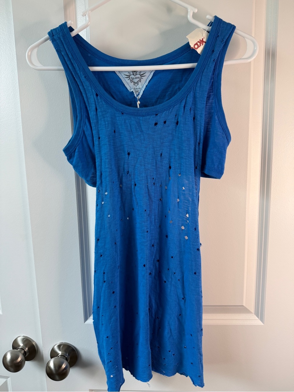 Blue Distressed Cold-Shoulder Tank Top